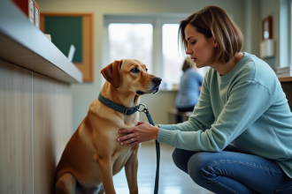Femme adoptant un labrador dans un refuge animalier