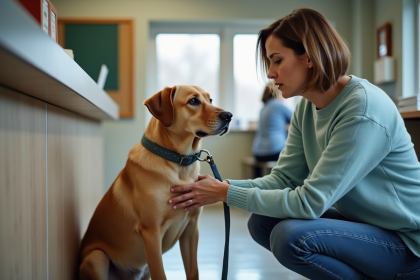 Femme adoptant un labrador dans un refuge animalier
