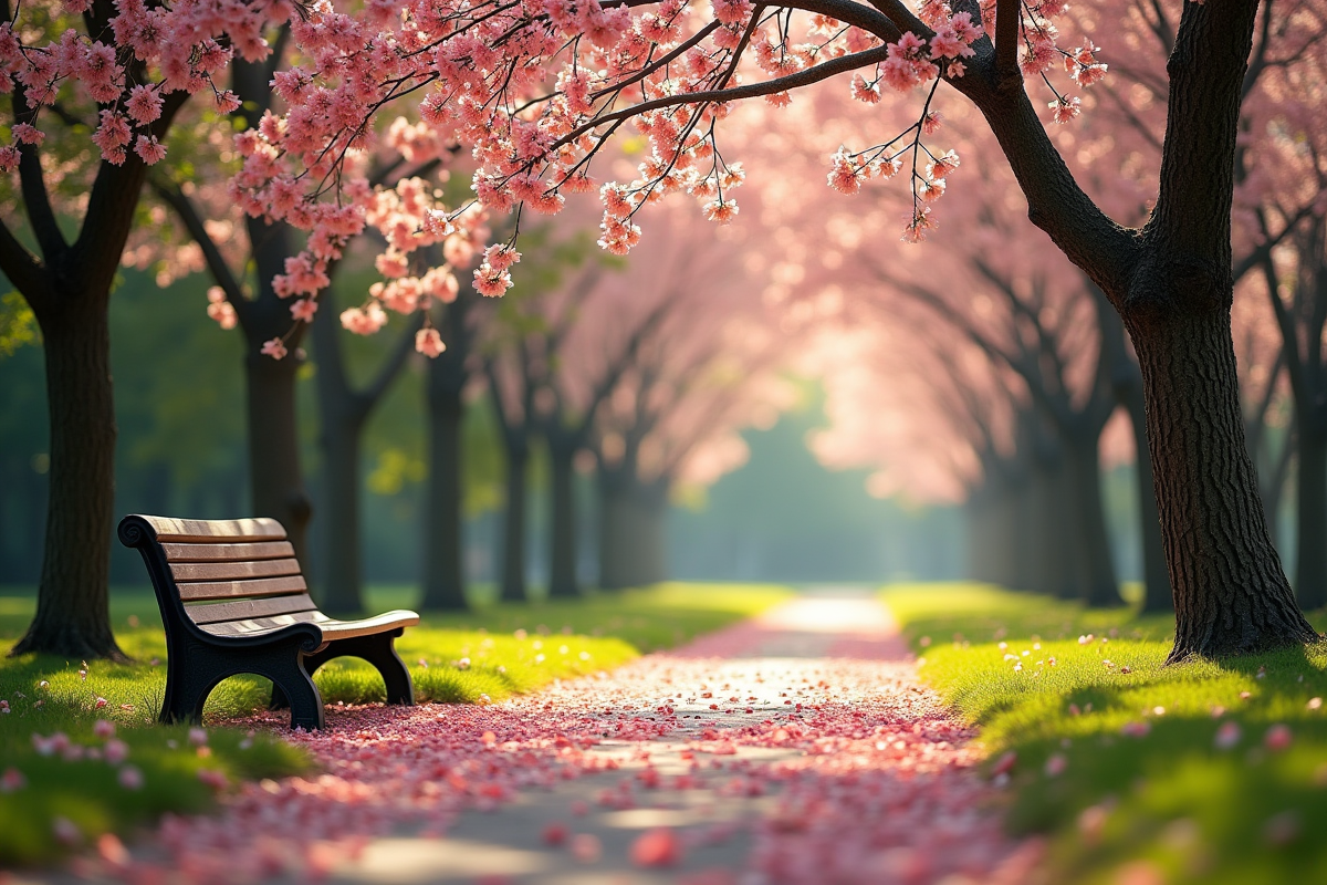 Banc vide dans un parc en fleurs au printemps