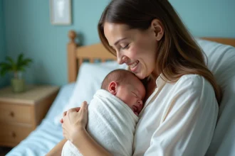 Nouveau-ne endormi dans les bras d'une mère souriante