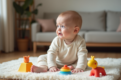 B&eacute;b&eacute; de six mois assis sur un tapis color&eacute; avec expression fatigu&eacute;e