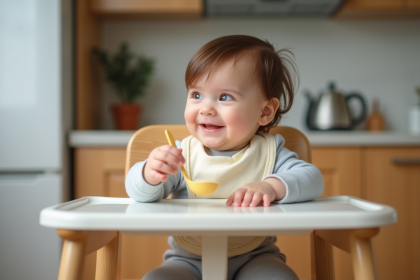 Bebe souriant assis dans une chaise haute en cuisine
