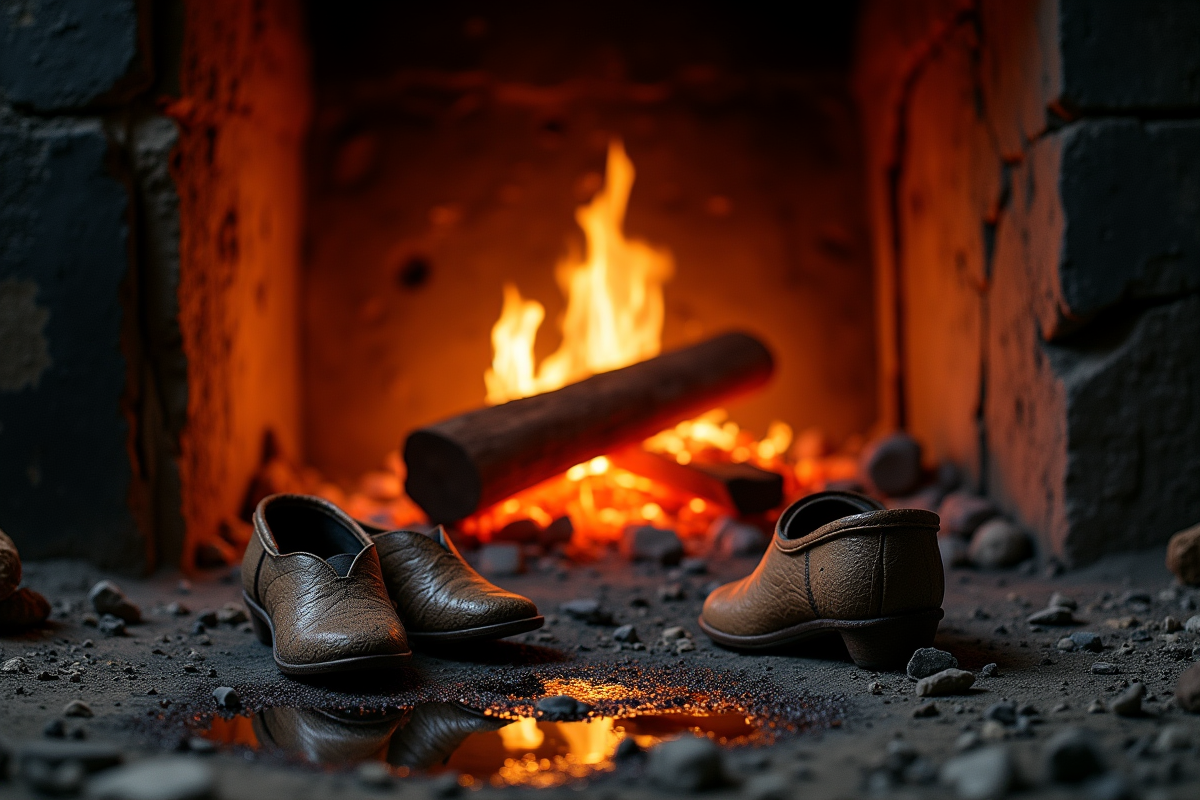 Cheminée ancienne avec chaussures en bois et braises chaudes