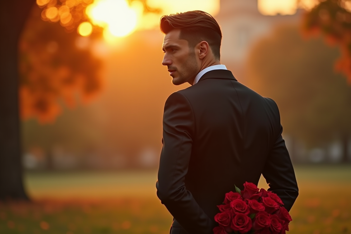 Célébrité en costume tenant des roses dans un parc en soirée