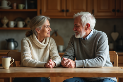 Une femme d'&acirc;ge moyen et un homme &acirc;g&eacute; main dans la main dans une cuisine rustique