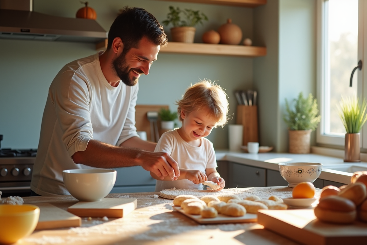 Cuisine lumineuse avec famille cuisinant ensemble