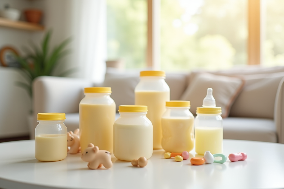 Variétés de contenants de lait infantile sur une table avec jouets et ambiance cosy