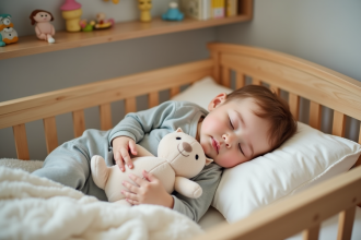 Enfant de deux ans endormi dans un lit en bois avec peluche