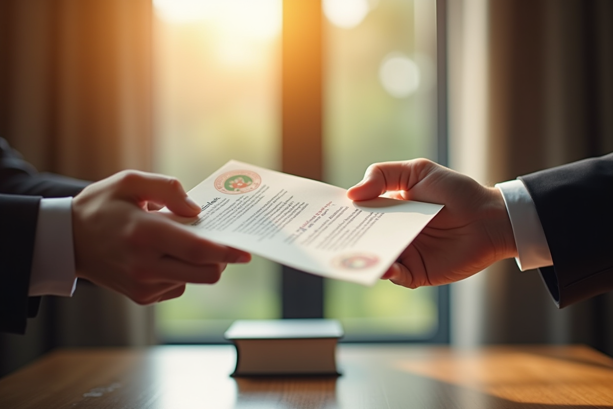 Main échangeant un document officiel scelle avec confiance