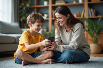 Gar&ccedil;on de 7 ans avec sa m&egrave;re dans un salon familial chaleureux
