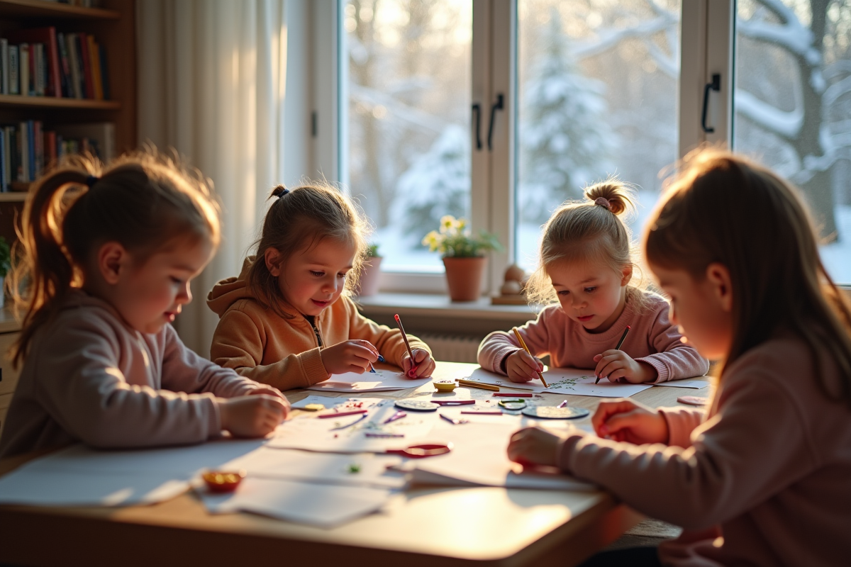 Enfants créant avec papier et crayons à l intérieur