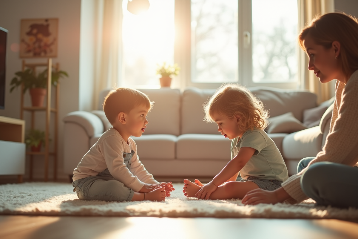 Deux enfants jouent dans le salon lumineux