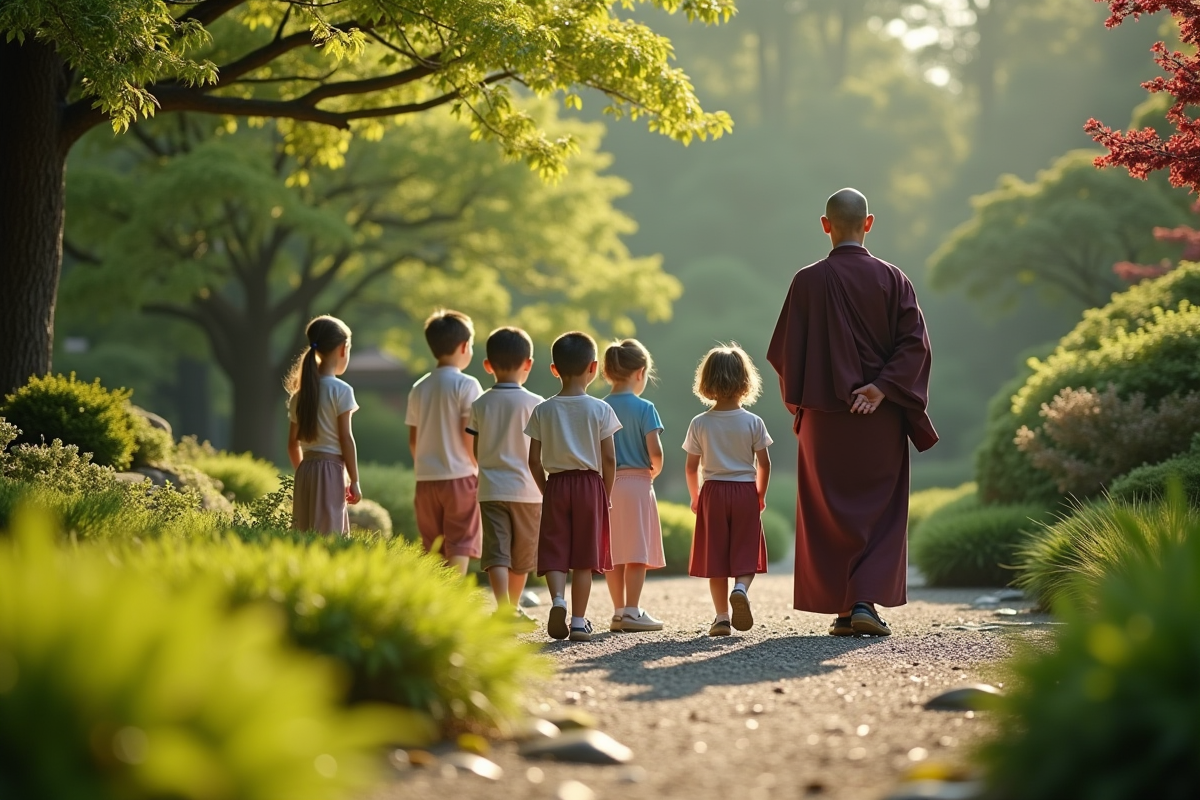 Enfants méditant dans un jardin japonais avec une moniale
