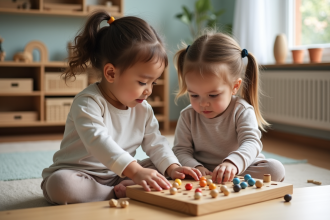 Enfants de 4 ans jouant avec des perles Montessori dans une classe lumineuse