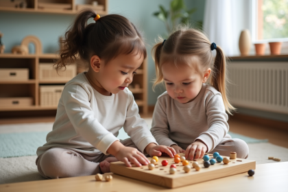 Enfants de 4 ans jouant avec des perles Montessori dans une classe lumineuse