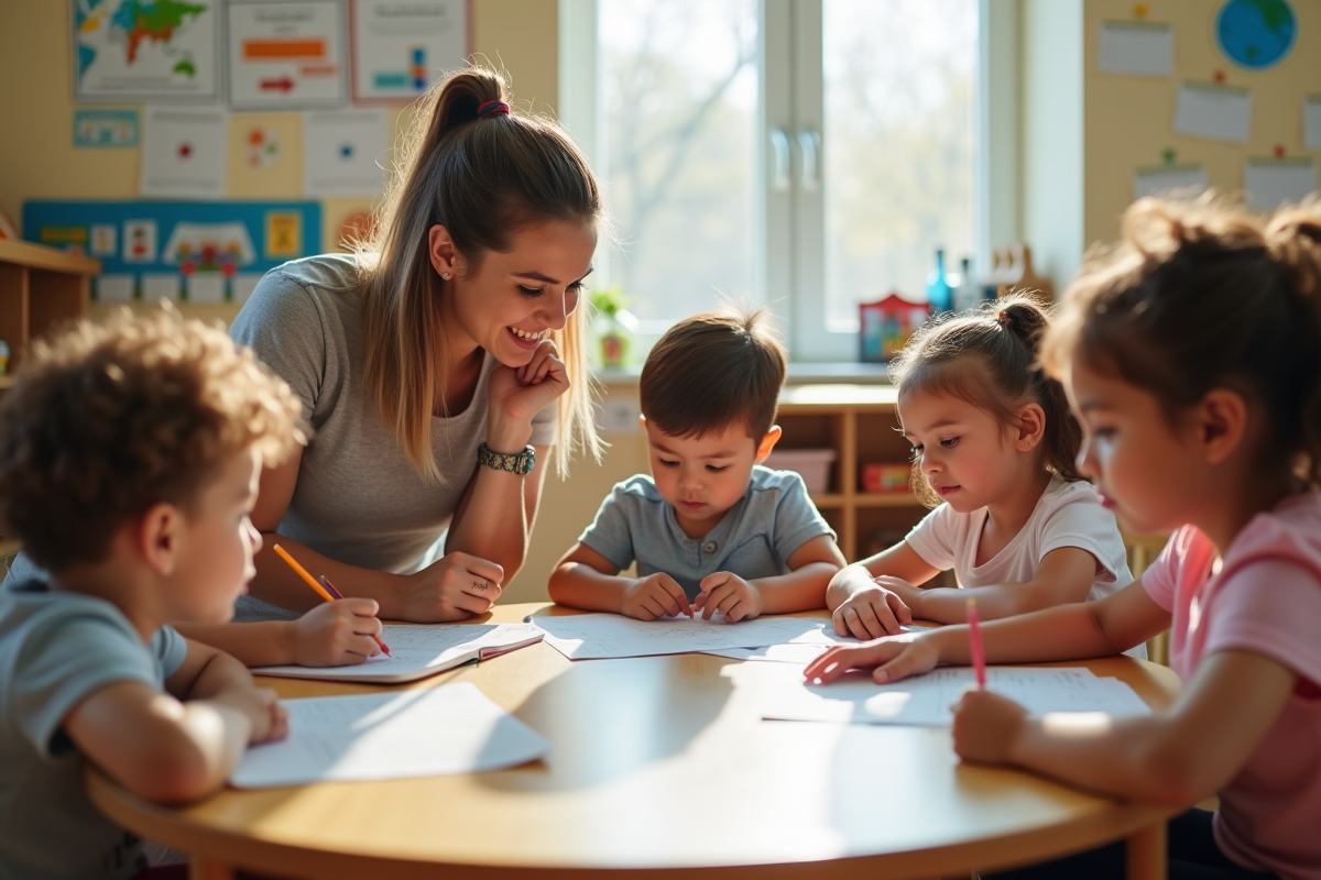 Enseignant aidant des enfants à travailler en groupe en classe