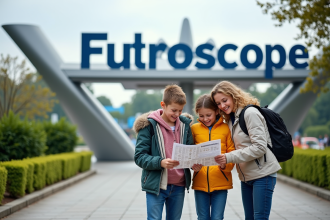 Famille souriante devant l'entrée futuriste de Futuroscope