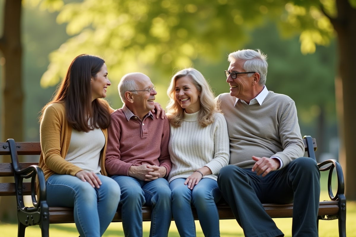 Famille multigeneration assise sur un banc dans un parc