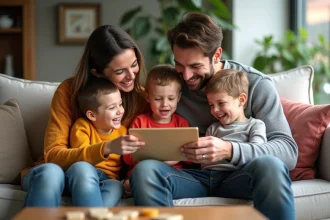 Famille de quatre riant autour d'un jeu de société dans un salon