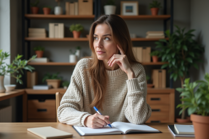 Femme pensante dans un bureau à domicile cosy