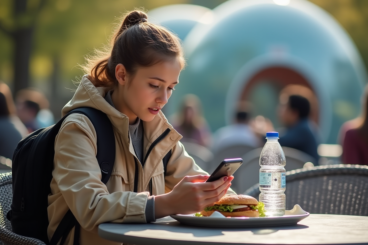 Jeune femme au café à Futuroscope vérifiant son téléphone