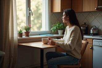 Femme pensant dans sa cuisine chaleureuse