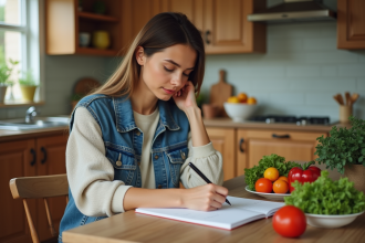 Jeune femme écrivant son plan de repas hebdomadaire
