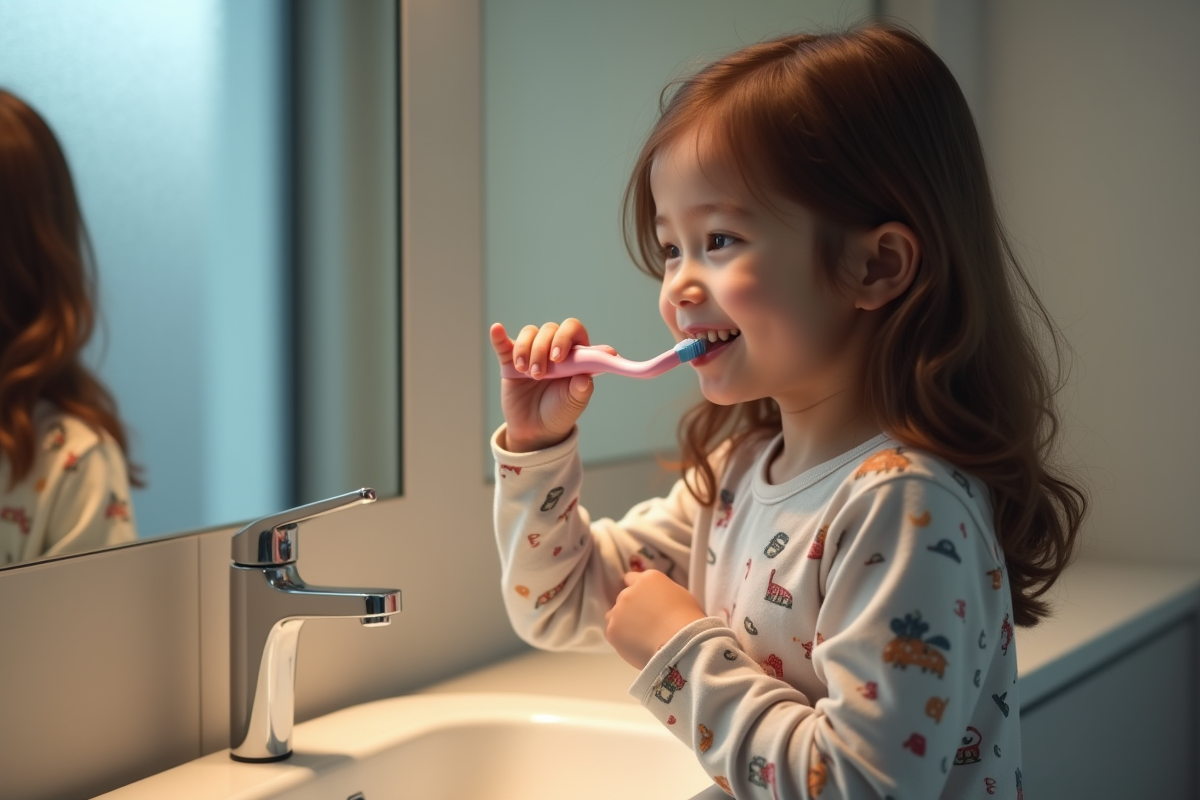 Fille de 8 ans se brossant les dents dans la salle de bain