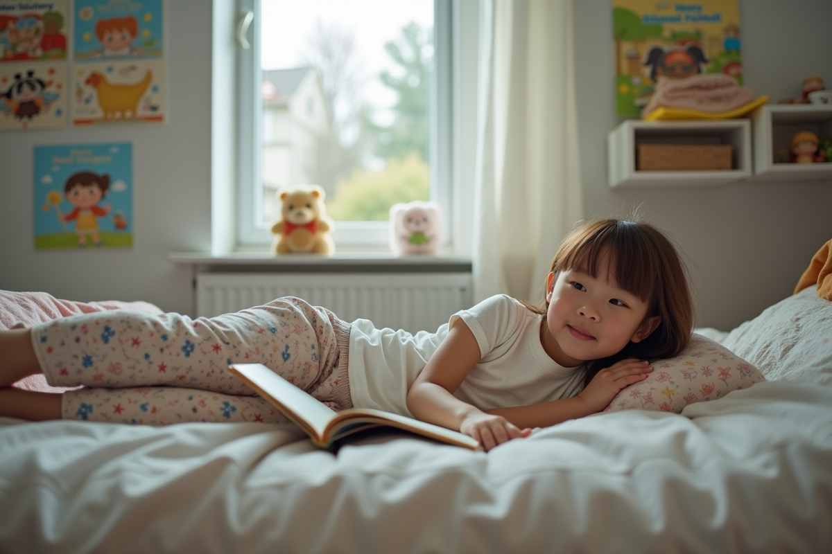 Fille de six ans lisant un livre dans son lit avec décor de chambre