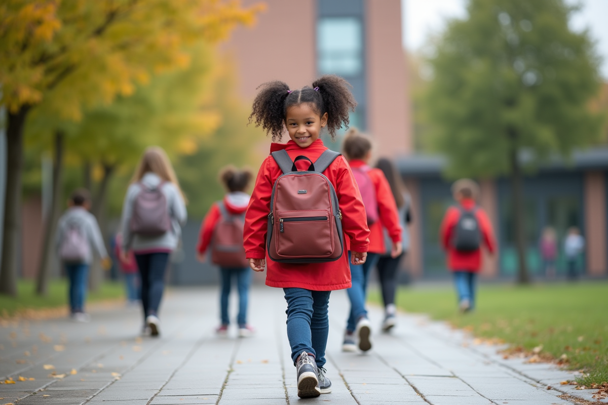 Fille avec sac à dos marchant dans la cour de l