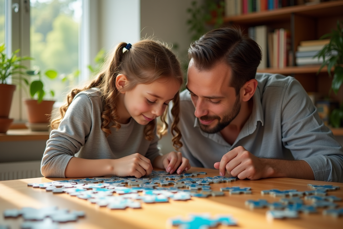 Fille et père assemblant un puzzle sur une table en cuisine ensoleillée