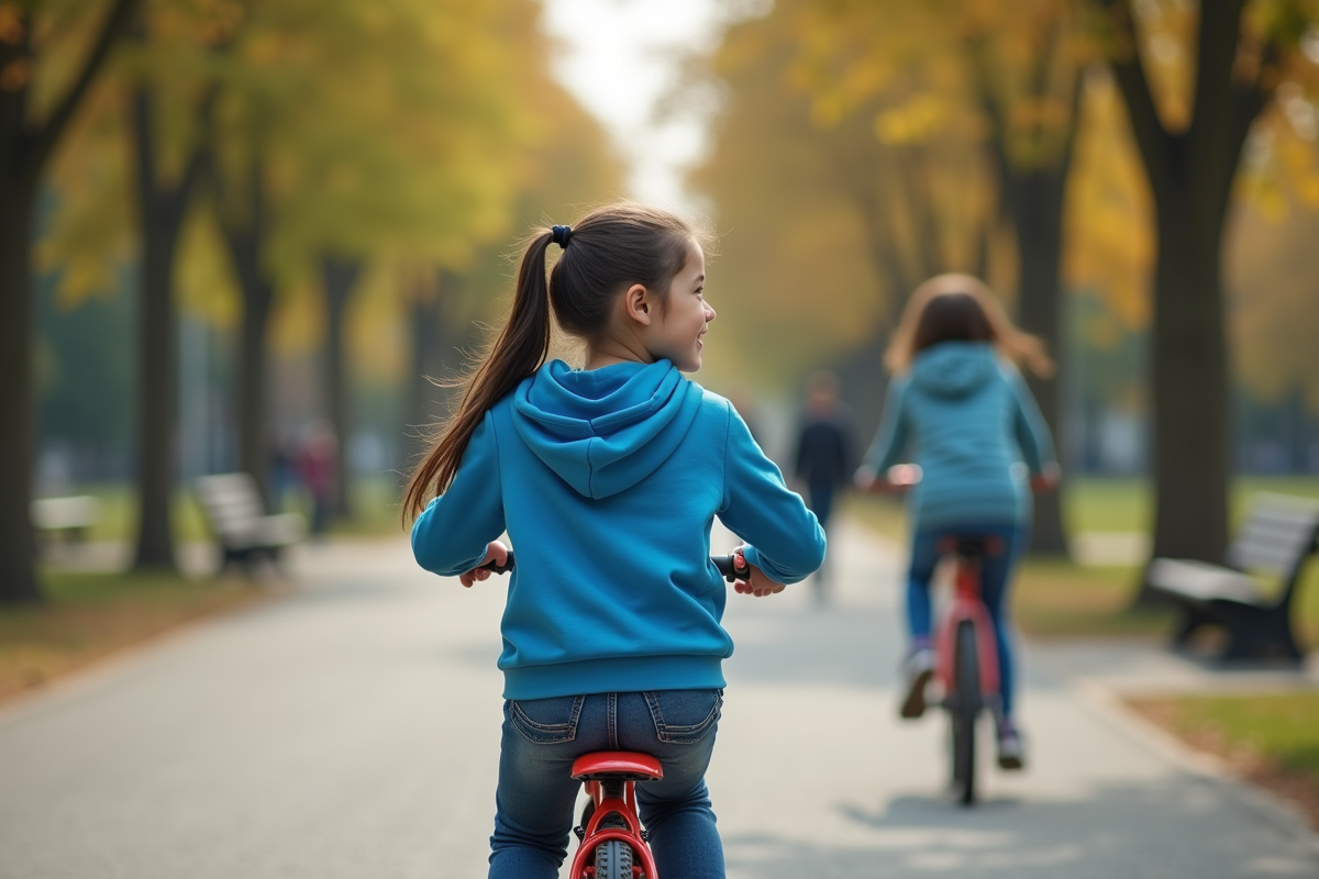 Fille de 10 ans en vélo dans un parc en automne