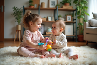 Deux jeunes enfants souriants dans un salon chaleureux