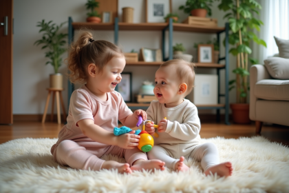 Deux jeunes enfants souriants dans un salon chaleureux