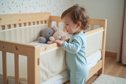 Petit gar&ccedil;on curieux pr&egrave;s de la barri&egrave;re de lit en bois