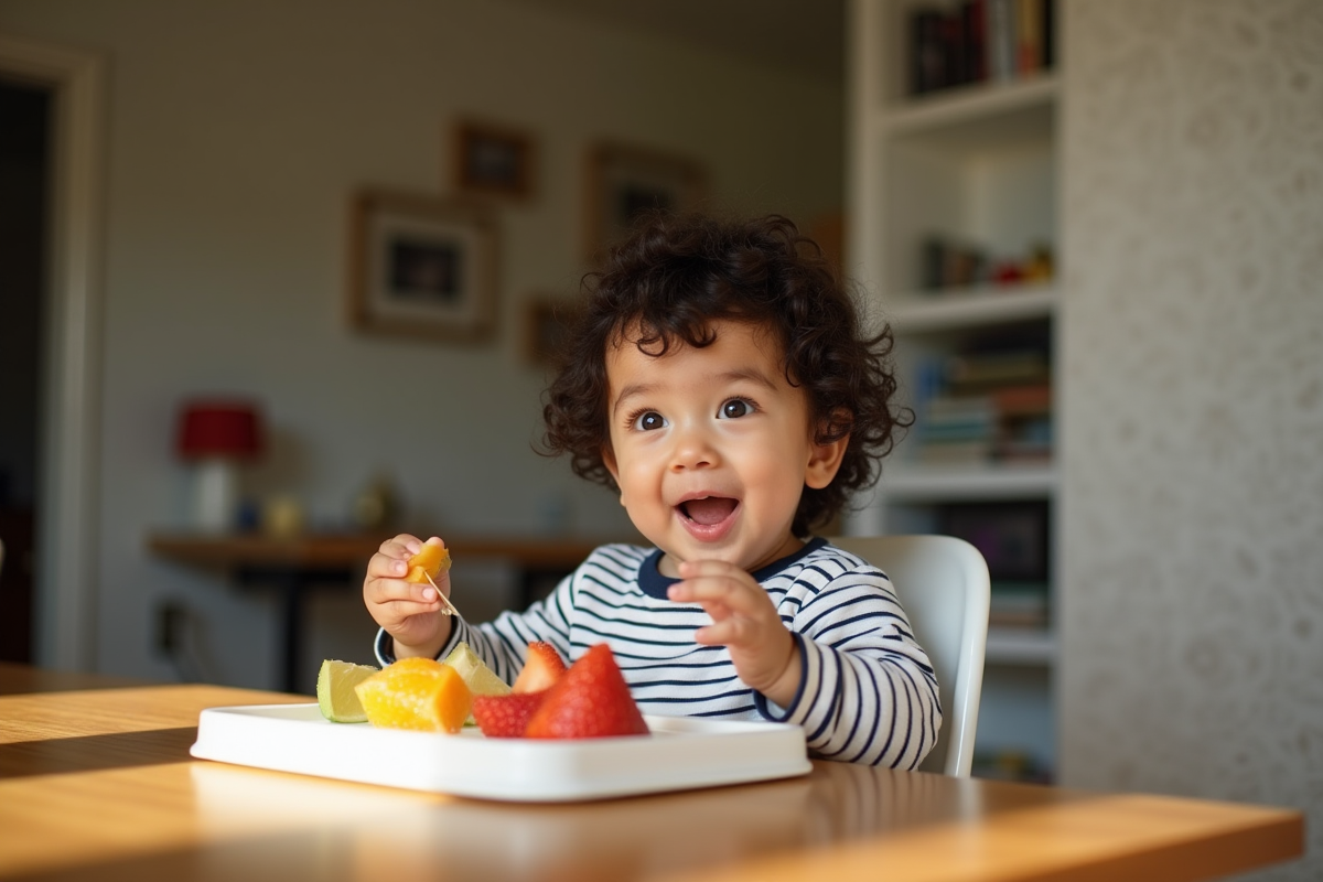 Garcon curieux mangeant des fruits sur sa chaise