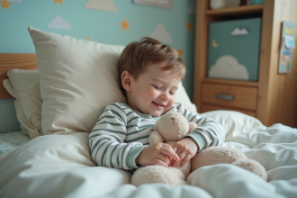 Garçon de 6 ans en pyjama rayé dans son lit apaisant