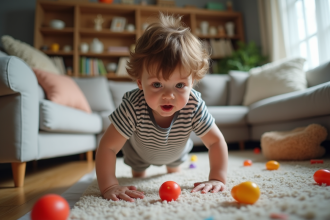 Garçon de deux ans grimpe sur un canapé en jouant