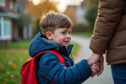 Gar&ccedil;on de 6 ans au d&eacute;part de la maison automne