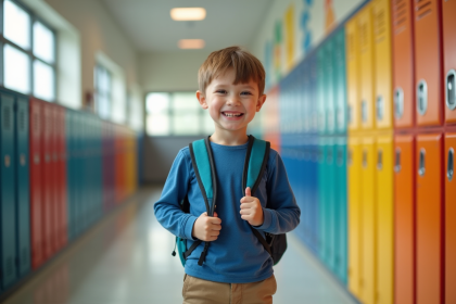 Jeune gar&ccedil;on avec sac &agrave; dos dans le couloir de l'&eacute;cole