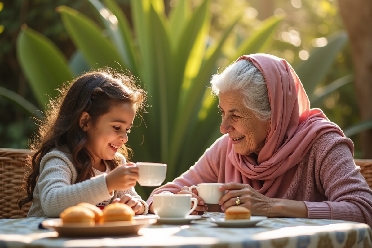 Grand-mère palestinienne et sa petite fille partageant du thé