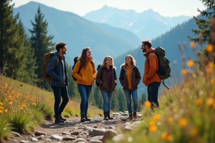 Groupe d'amis en randonn&eacute;e dans la nature en &eacute;t&eacute;