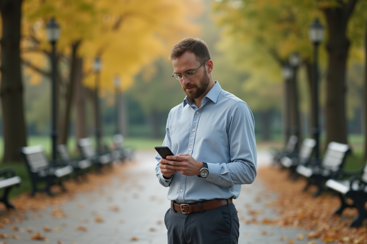 Homme regardant son téléphone dans un parc