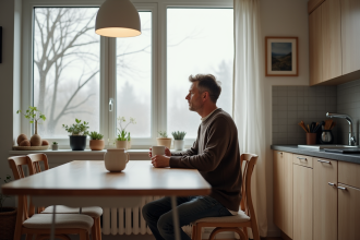 Homme suédois seul au café dans une cuisine scandinave
