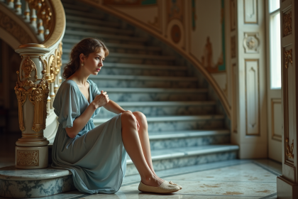 Jeune femme vintage assise au pied d un escalier dans un manoir