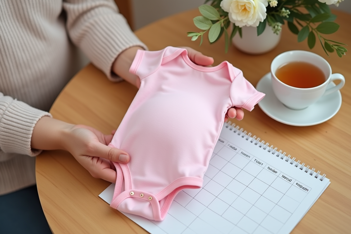 Mains tenant un body rose sur un calendrier avec date d