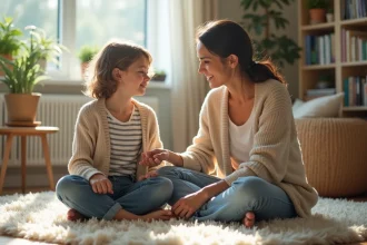 Maman et son enfant de 7 ans discutent dans un salon chaleureux