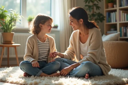 Maman et son enfant de 7 ans discutent dans un salon chaleureux