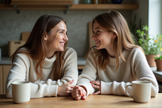 Mère et fille discutent dans une cuisine chaleureuse