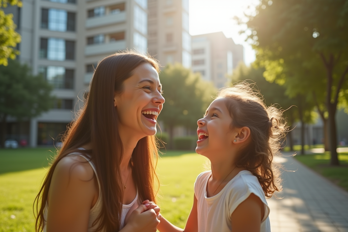 Maman et fille riant dans un parc urbain ensoleille